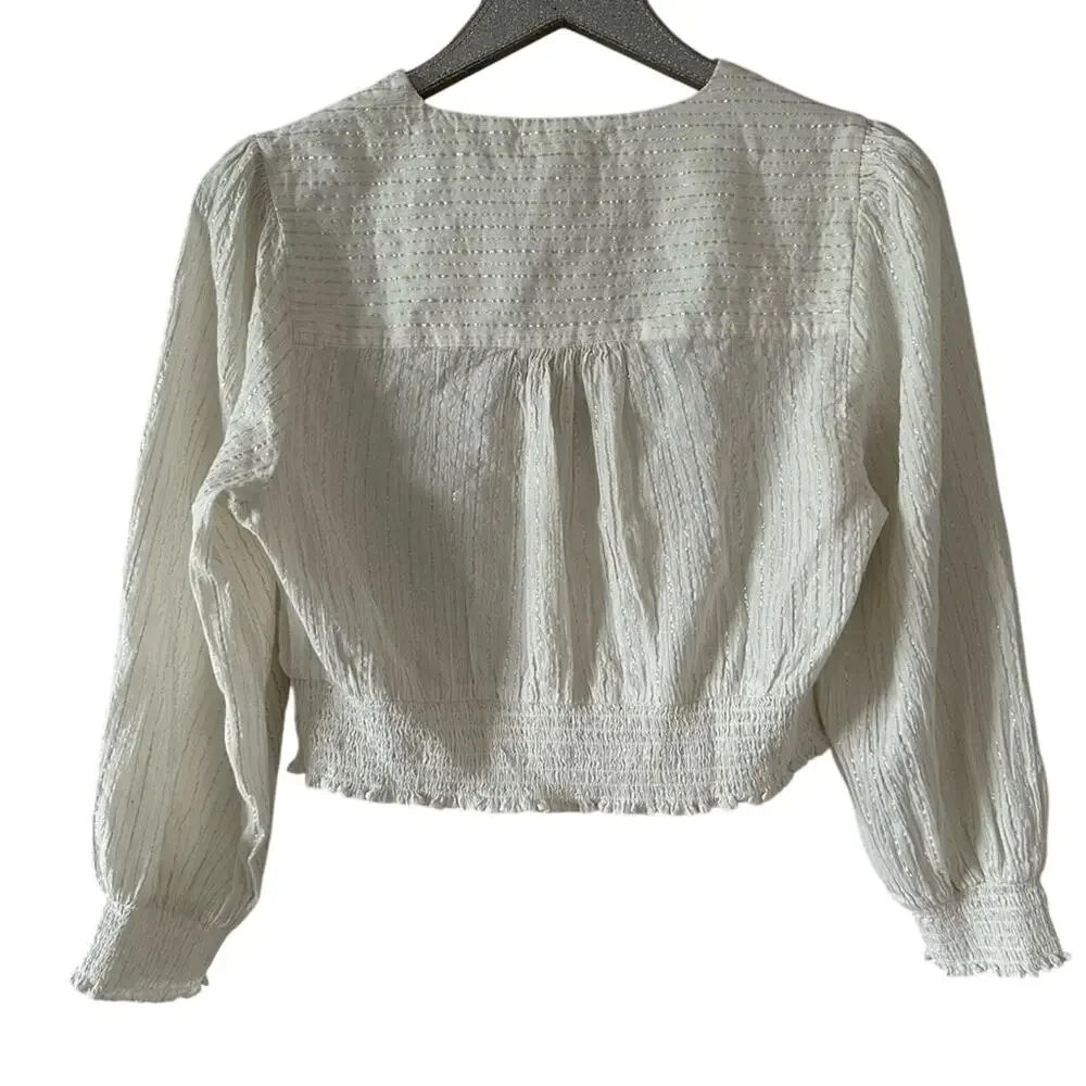 Boden Lurex Smocked Crop Top Ivory Crinkle NEW